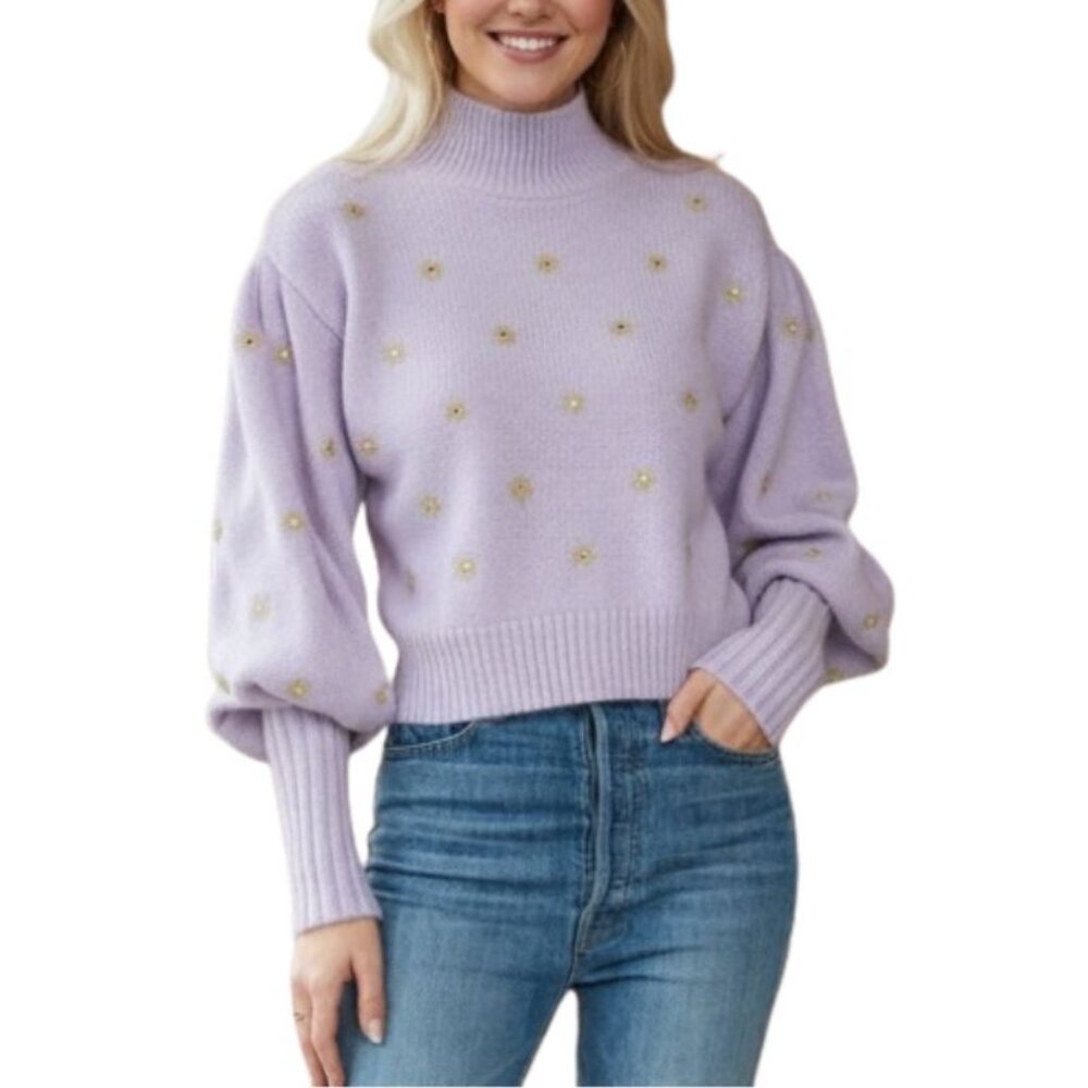 Farm Rio Mirror Embroidered Sweater in Soft Lilac Size XS - Picture 1 of 10